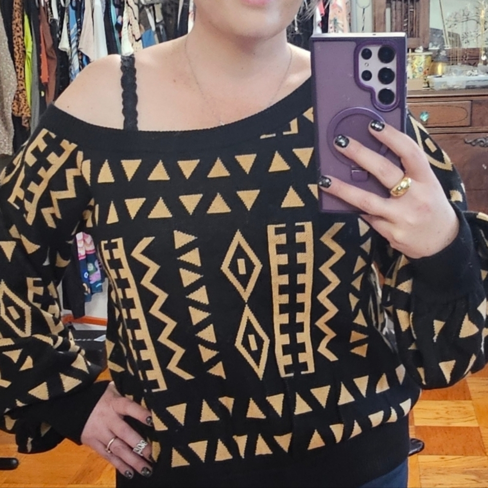 Chic Off-the-Shoulder Black and Tan Sweater